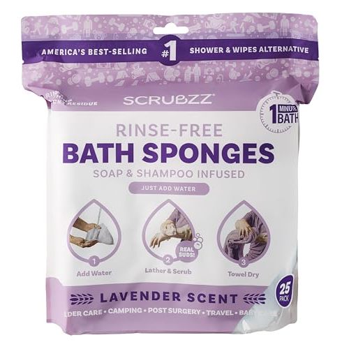 Scrubzz Disposable No Rinse Bathing Wipes - 25 Pack - All-in-1 Single Use Shower Wipes, Simply Dampen, Lather, and Dry Without Shampoo or Rinsing (Lavender, 1-Pack)