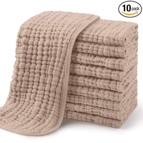 Yoofoss Muslin Burp Cloths for Baby 10 Pack 100% Organic Cotton Baby Washcloths for Boys Girls Large 20''X10'' Super Soft and Absorbent Brown