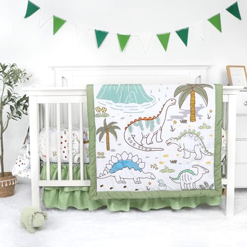 SWESEN Dinosaur Crib Bedding Set 4-Piece for Boys, Crib Set Includes Quilt, Fitted Sheet, Skirt, Diaper Stacker,Ultra-Soft Nursery Bedding Set-Fits Standard 52x28 inch Crib mattresses