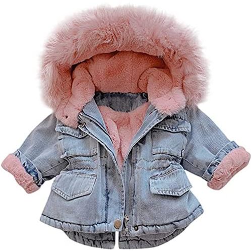 EISHOW Toddler Baby Girls Denim Jacket Faux Fur Collar Hooded Jean Coat Warm Thicken Fleece Lined Plush Jean Outwear Snowsuit