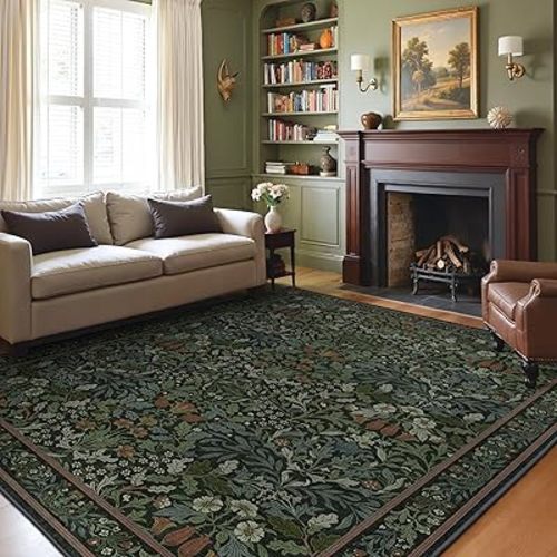 GENIMO 8x10 Washable Area Rug, Non-Slip Vintage Boho Floral Carpet, Large Area Rug for Living Room, Soft Low-Pile Thin Living Room Rug for Bedroom, Dining Room, Nursery, Dark Green