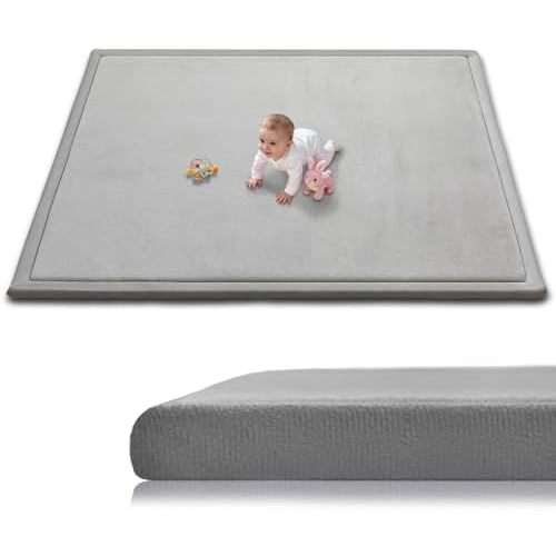 Baby Play Mat for Floor, 71'' x 59'' Thicken Foam Soft Padded Playmat for Tummy Time, Playpen Mat for Toddlers Infant Kids, Water-Repellent Coral Velvet, Non-Slip Bottom Safe for Crawling, Light Grey