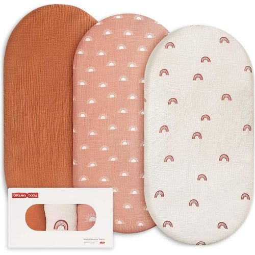 Gllquen Baby Muslin Bassinet Sheets 3 Pack, Breathable Elastic Cozy Fitted Cotton Bassinet Mattress Sheet for Baby Boy Girls, Fit for Hourglass Oval Rectangular Cradle Pad Sheets 33"x17"(Rainbow)