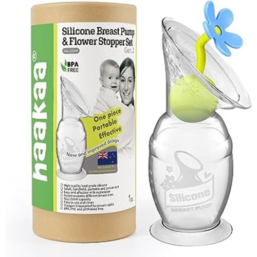 haakaa Manual Breast Pump Breastfeeding Pump Silicone Pump Milk Saver with Suction Base and Flower Stopper 100% Food Grade Silicone BPA Free (5oz/150ml) (Blue)