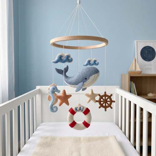 Ocean Baby Mobile Personalized Name, Whale Crib Mobile, Nautical Nursery Decor, Sea Animal Felt Mobile, Custom Baby Gift, Baby Bedroom Decor