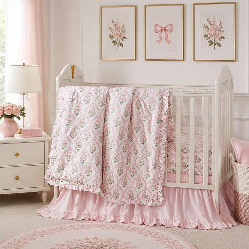 Brandream Organic Cotton French Crib Bedding Set for Baby Girls, 3 Pieces