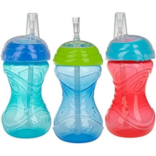 Nuby 3 Piece No-Spill Easy Grip Cup with Flex Straw, Clik It Lock Feature, Boy, 10 Ounce