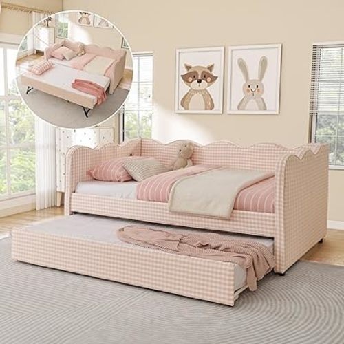 Twin Size Daybed with Pop Up Trundle, Linen Gingham Twin to King Daybed with USB Ports, Upholstered Day Bed Frame, Modern Sofa Bed for Living Room/Bedroom/Guest Room, No Box Spring Needed, Pink