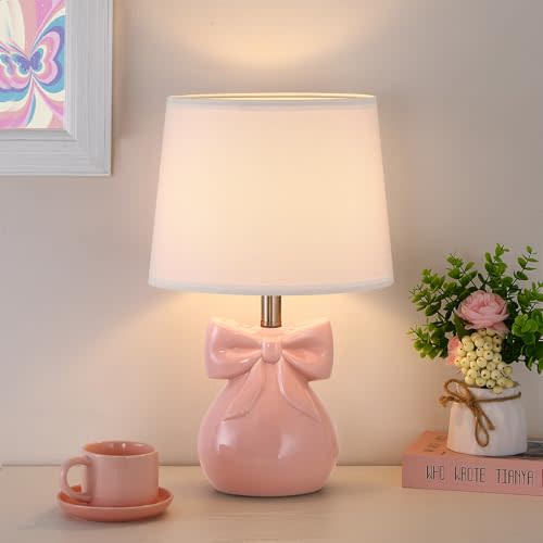Pink Bow Table Lamp for Girl's Room, 19" Cute Lamp for Kids Bedroom | Classic Girly Ceramic Bedside Lamp for Nightstand, Modern Princess Table Lamp for Living Room, Gift for Girl, Bulb Included