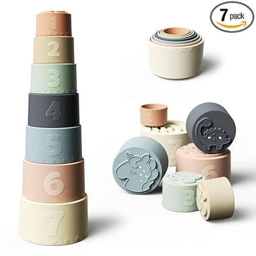 Moonkie Stacking Cups Toy, Fun Educational Baby Toys Silicone Soft Teething Toy, Age 6+ Months, 7 Piece Set