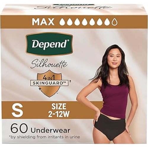 Depend Silhouette Adult Diapers, Incontinence & Postpartum Bladder Leak Underwear for Women, Maximum Absorbency, Small, Black, 60 Count (2 Packs of 30), Packaging May Vary