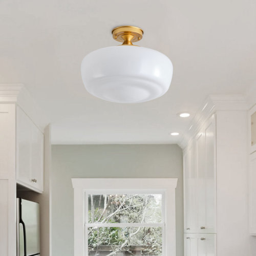 Ebern Designs 1-Lamp Round milky white glass dimmable iron ceiling light | Wayfair