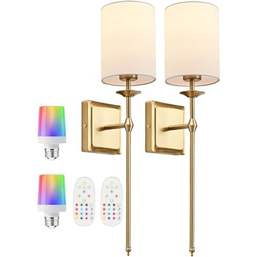 Battery Operated Wall Sconces Set of 2 Gold Sconces Wall Decor Cordless Wall Sconces with Remote 12 Colors Modes Rechargeable Wireless Wall Lights Wall lamp for Bedroom Living Room