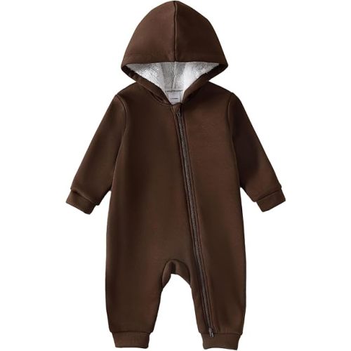 ROMPERINBOX Baby Boy Jumpsuit 2-Way Zipper Romper Hooded Fleece Lined Long Sleeve Footless Solid Outfits 0-24M