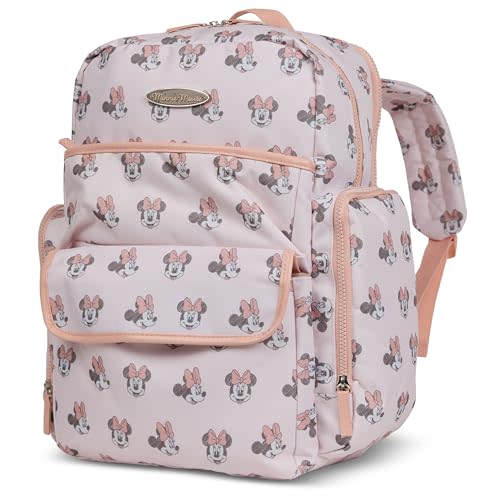 Disney Diaper Bag Backpack with Changing Pad Minnie Mouse – 16” Nylon Baby Bag for Parents, Insulated Bottle Holders, Multiple Storage Pockets
