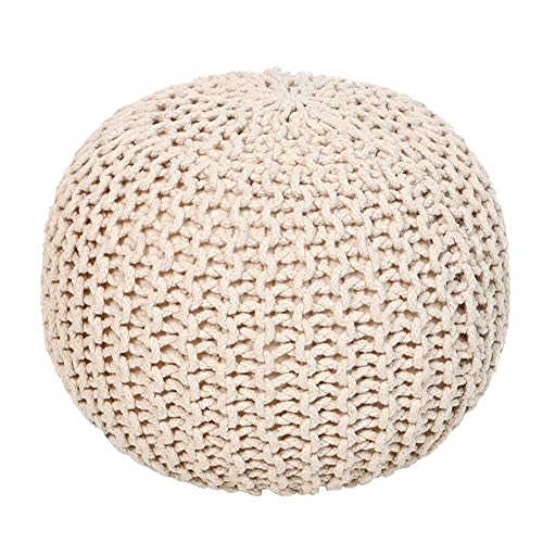 REDEARTH  Round Pouf Ottoman - Cable Knitted Boho Poof - Home Dcor Cord Pouffe Handmade Circular Footrest for Living Room - Bedroom - Kids Bedroom - 100% Cotton Pouf (18" x 18" x 14") - Ivory