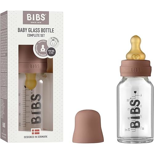 BIBS Baby Glass Bottle. Anti-Colic. Round Natural Rubber Latex Nipple. Supports Natural Breastfeeding, Complete Set - 110 ml, Woodchuck