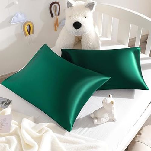 NTBAY Silk Satin Toddler Pillowcases, Small Pillow Case Pillow Cover 14x20 Inches with Envelope Closure, Soft and Silky Cooling Travel Pillow Covers for Nursery, Boys and Girls, Dark Green, 2 Pack