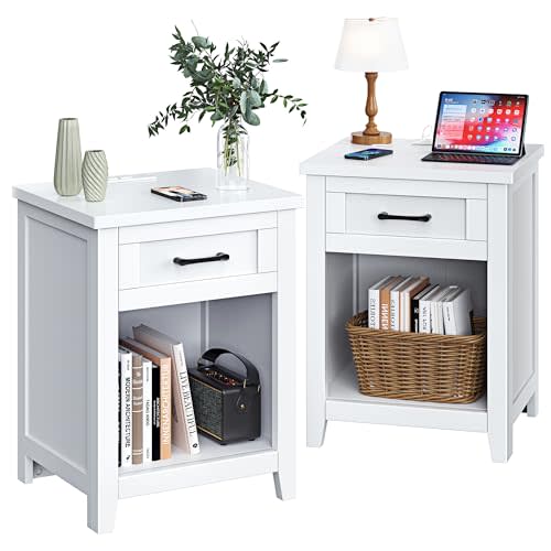 Farmhouse Nightstand with Charging Station & Large Storage, Set of 2 Modern End Tables with Outlets, USB Ports and Type-C Ports, Easy Assembly for Bedroom (Pure White)
