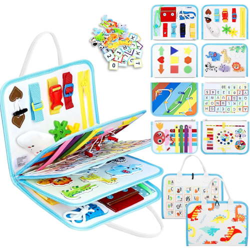 Toddler Busy Board Montessori Toys for Boys, Sensory Book Educational Activities for Learning Fine Motor Skills, Birthday Gifts for Boys Toddlers, Travel Toys for Airplane Car, Blue Dinosaur