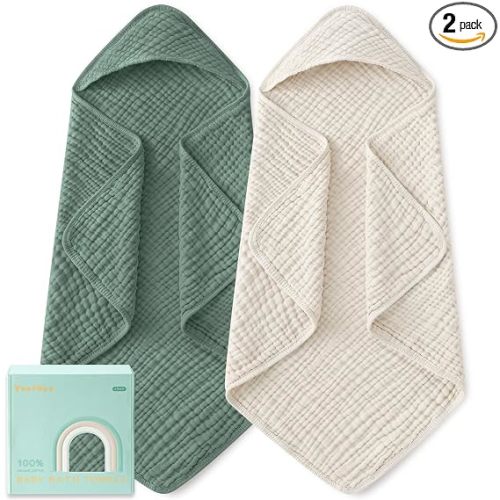 Yoofoss Hooded Baby Towels for Newborn 2 Pack 100% Muslin Organic Cotton Baby Bath Towel with Hood for Babies, Infant, Toddler and Kids, Large 32x32Inch, Soft and Absorbent Newborn Essential