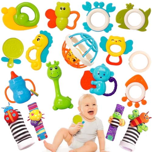 Sytle-Carry Baby Toys, 17 Pcs Rattles and Teething Toys for Babies, 12-18 Months Early Development Set