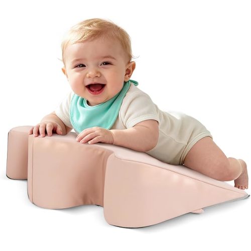 EKEPE 2026 Upgraded Nursing Reflux Prop with Leather Cover for Baby Gas, Colic Relief & Burp, Memory Foam Tummy Time Prop for Infant 0-12 Months Feeding, Neck, Shoulder and Body Support - Pink