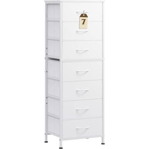 WLIVE White Tall Dresser for Bedroom, 7 Drawer Dressers & Chests of Drawers, Fabric Dresser for Closet, Living Room, Night Stand with Metal Frame, Storage Tower with Fabric Bins, Wood Top