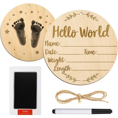 Baby Announcement Sign, 5.9 Inch Round Birth Nursery Name Signs with Ink Pad for Baby Hand and Footprints Wooden Hello World Newborn Sign for Photo Prop