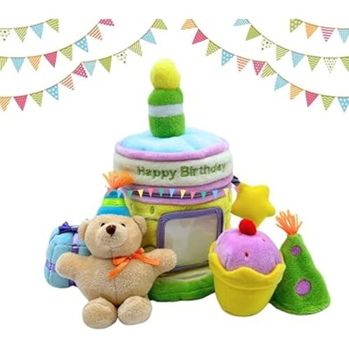 First Birthday Gifts for Girls and Boys: Soft Plush Birthday Cake Toy with 4 Sensory Toys. Embroidered with Happy Bday, Lightweight and Portable, Fun 1st Bday Gift Christmas, Perfect for Little Hands