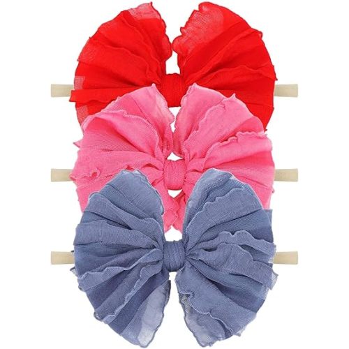 3 Pack Baby Girls Headbands Soft Elastic Headbands Newborn Lace Hair Bow Hair Accessories for Infant Baby Toddler Girls Rose Navy Red