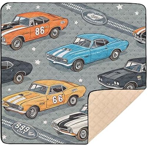 Vintage Race Cars Baby Play Mat for Floor 50" X 50" Foldable Waterproof Non-Slip Playmat for Baby Playpen Quilted Crawling Mats Game Rug