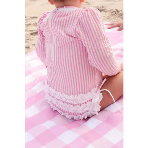 Long Sleeve Rash Guard with Ruffle Bottom | Seersucker Dusty Pink