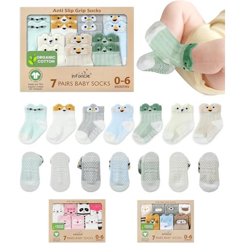 Organic Cotton GOTS Certified Non-Slip Baby Socks 0-6 Months - 7 Pairs Soft Breathable Newborn Socks Animal Design For Infant