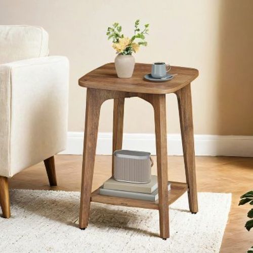 Square End Table with Lower Shelf, Modern 2-Tier Nightstand for Small Spaces, 15.7x15.7x21.5 Inches, Honey Brown