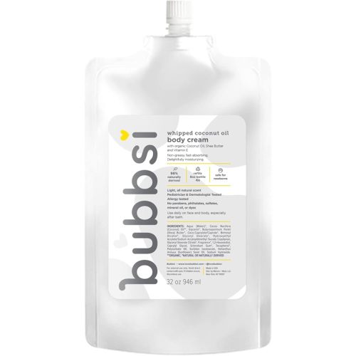 Bubbsi Whipped Coconut Oil Baby Lotion for Eczema, Dry Skin, Baby Acne, KP | Organic Coconut Oil, Shea Butter, Vitamin E | Light, Natural Scent | EU Compliant, Vegan (Refill Pouch, 32oz)