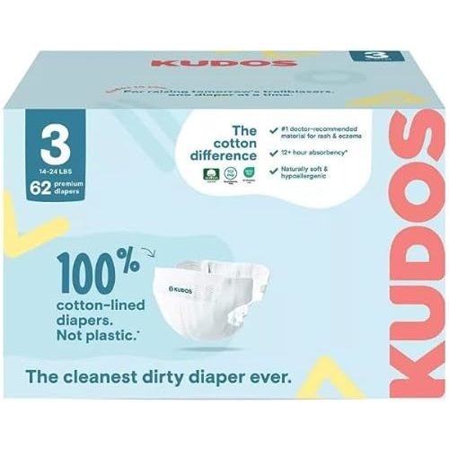 Kudos Premium Cotton-Lined Disposable Diapers with DoubleDry Techno'ology, 12+ Hour Pro'tection, Fragrance-Free,-Size 3 62ct (1 Pack)
