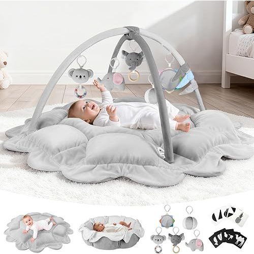 Omzer Plush Baby Play Gym - 5-in-1 Convertible Play Mat with 5 Detachable Sensory Toys & Cards for Tummy Time Newborn Development - Non-Slip & Washable Babymat Activity Center for Infant Gift, Grey
