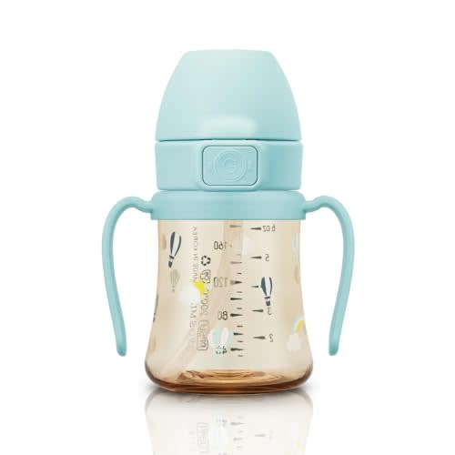 GROSMIMI PPSU Baby Straw Cup Stage 2, 12M+, Spill-Proof, 6oz (Air Balloon) | Flip-Top | Babies & Toddlers 12+ Months | Removable Rotating Handles | Silicone Straw | BPA-Free Sippy Cup | 200ml