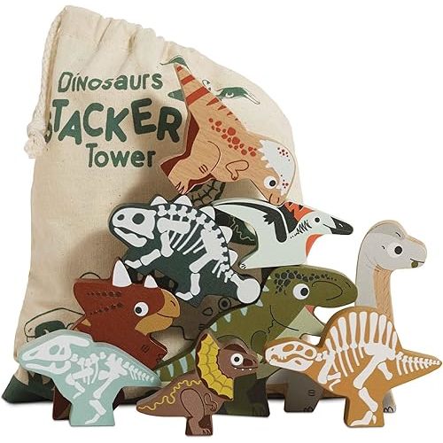 Le Toy Van Wooden Jurassic Stacking Dinosaurs & Bag | Girls & Boys 10 Piece Stacking Play Set – Suitable for Ages 18+ Mths
