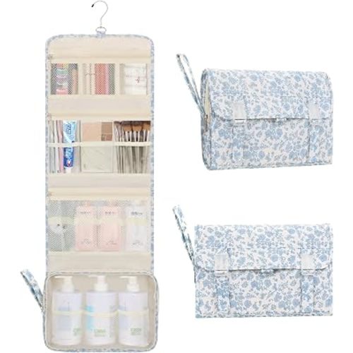 Relavel Travel Toiletry Bag with Hanging Hook, Floral Hanging Toiletries Bag for Women, Large Capacity Makeup Cosmetic Storage Organizer for Full Sized Container, Accessories - Blue Flower