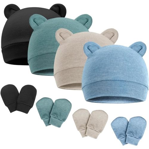 BQUBO Newborn Baby Bear Ears Hats and Mittens Sets Preemie Cotton Caps Baby Boy Girl Infant Hospital Beanie