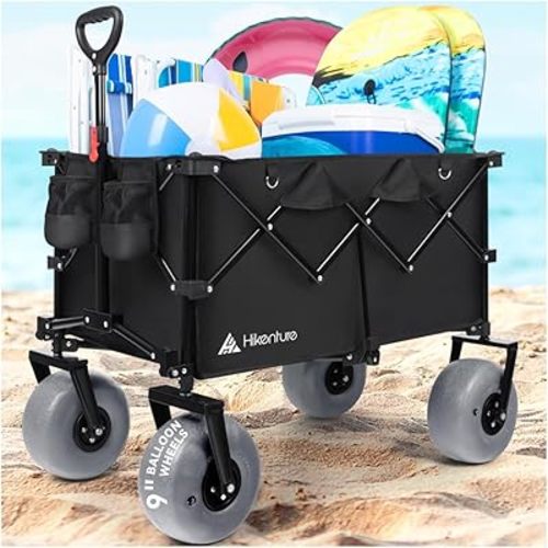 Hikenture Beach Wagon with Balloon Wheels, 9" PU Tires Collapsible Wagon, 308lbs Heavy Duty Beach Cart with Big Wheels for Sand, Large Capacity Utility Wagons Carts Foldable (Grey Wheels)