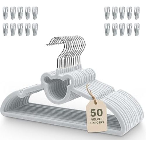 Kids Velvet Hangers 50 Pack with Clips – Non Slip Velvet Clothes Hangers for Toddlers, Kids & Youth – Space Saving Closet Organization