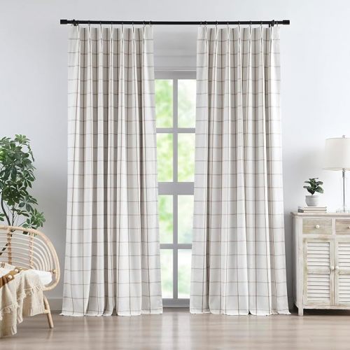 Vision Home Flax Linen Plaid Pinch Pleated Full Blackout Curtains Checkered Thermal Insulated Window Panels 84 inch for Bedroom Living Room Energy Efficient Rustic Pleat Drapes with Hooks 40"Wx84"Lx2