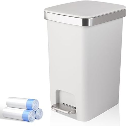 Small Bathroom Trash Can with Lid and 3 Rolls Trash Bags, Step Pedal Wastebasket Plastic Garbage Can with Pop-Up Lid 2.6 Gallon Bin for Kitchen, Bedroom, Office, Dorm, Laundry, Toilet, Rv, White