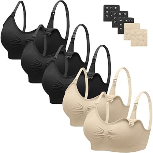 Angelhood Nursing Bra 5 Pack Womens Maternity Breastfeeding Seamless Wireless Sleep Bra with Extenders