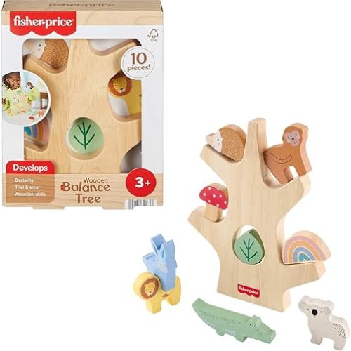 Fisher-Price Wood Stacking Toy Balance Tree, 10 Wooden Pieces for Developmental Play Preschool Kids Ages 3+ Years