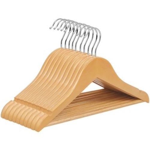 10-Pack Kids Wooden Hangers with Pants Bar & Swivel Hook, 12.6 x 7.5 Inch Children's Closet Organizers with Shoulder Notches, Natural and Silver