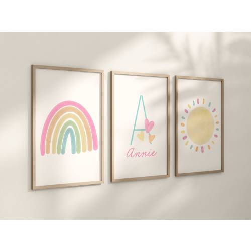 Personalized Pastel Rainbow Sun Hearts Set of 3 Nursery Art Prints, Colorful Nursery Wall Art, Decor, Play Room, Baby Room Ideas, 098